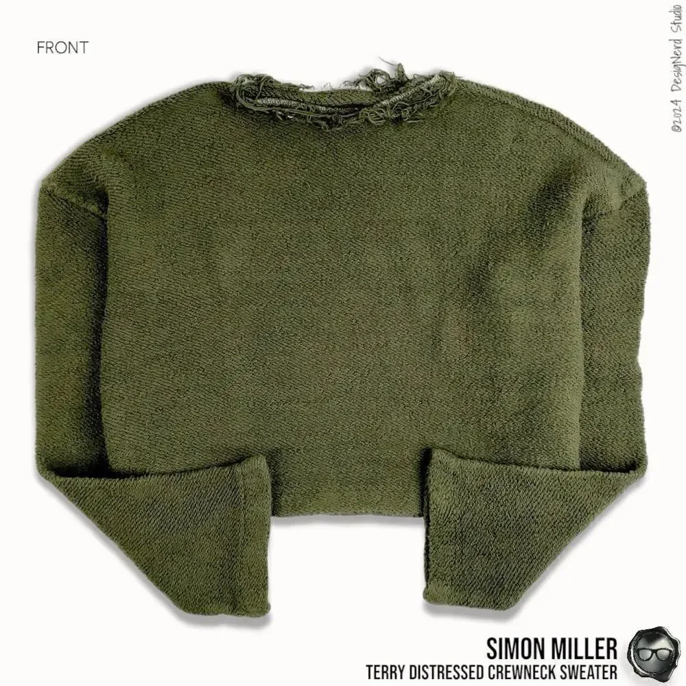 SIMON MILLER DISTRESSED CREWNECK SWEATER IN MOSS GREEN TERRY CLOTH 2016 OVERSIZE